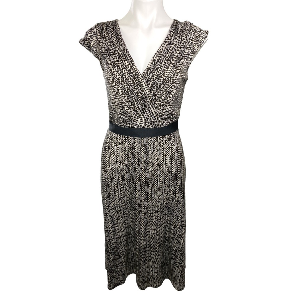 Ann Taylor Loft Size 4 Dress Sheath Crossover Bodice V-Neck Brown Pattern Cap Sl